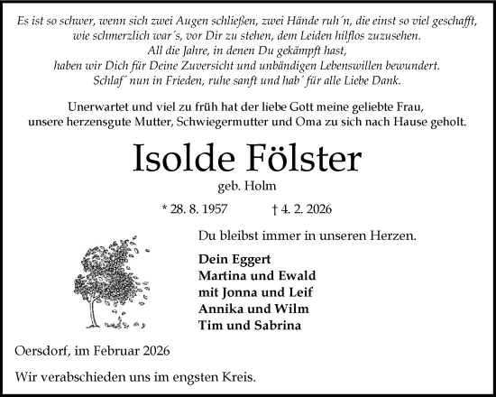 Traueranzeige von Isolde Fölster von Schleswig-Holsteinische Landeszeitung