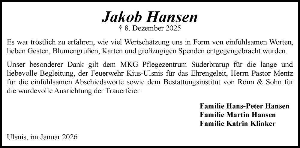  Traueranzeige für Jakob Hansen vom 24.01.2026 aus Flensburger Tageblatt, Schleswiger Nachrichten, Schlei-Bote