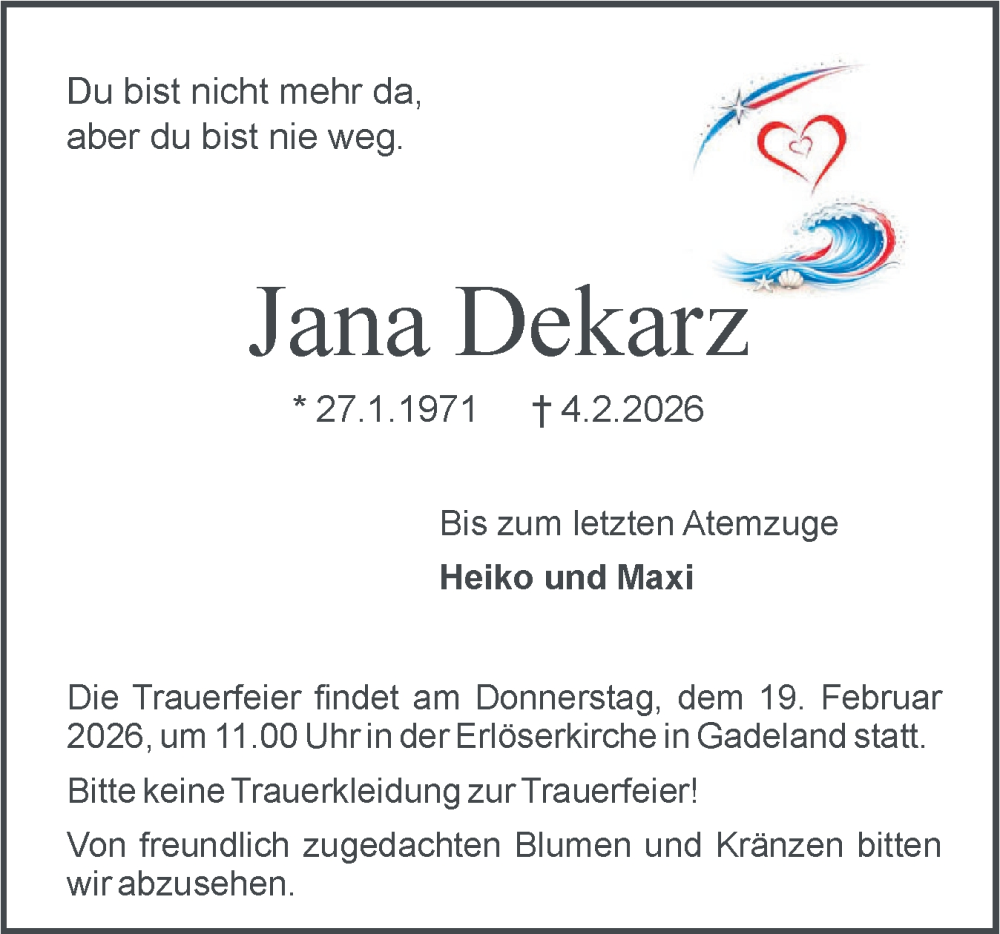  Traueranzeige für Jana Dekarz vom 14.02.2026 aus Holsteinischer Courier