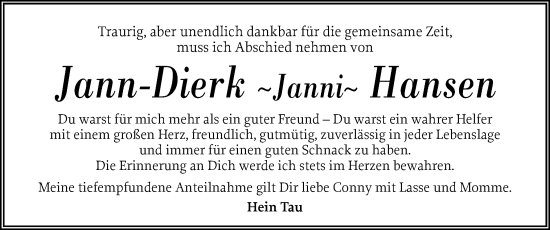 Traueranzeige von Jann-Dierk Hansen von Husumer Nachrichten, Nordfriesland Tageblatt