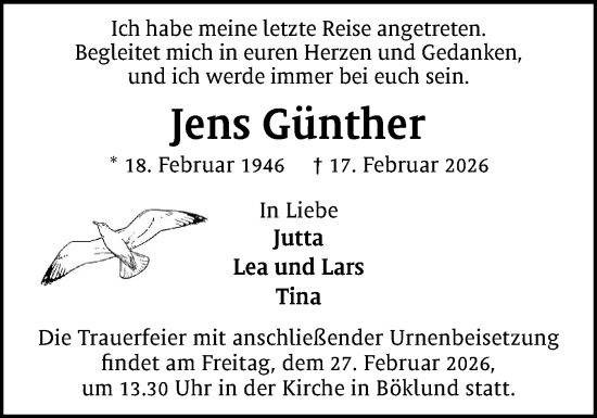 Traueranzeige von Jens Günther von Schleswiger Nachrichten, Schlei-Bote