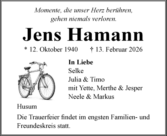 Traueranzeige von Jens Hamann von Husumer Nachrichten, Nordfriesland Tageblatt