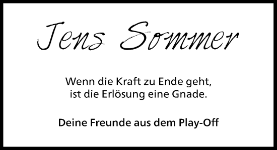 Traueranzeige von Jens Sommer von MARKT Bad Oldesloe/Reinfeld und Stormarner Tageblatt