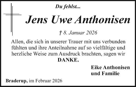 Traueranzeige von Jens Uwe Anthonisen von Husumer Nachrichten, Nordfriesland Tageblatt