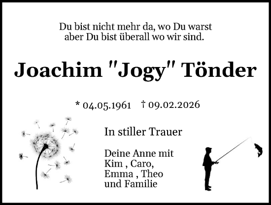 Traueranzeige von Joachim Tönder von Flensburger Tageblatt