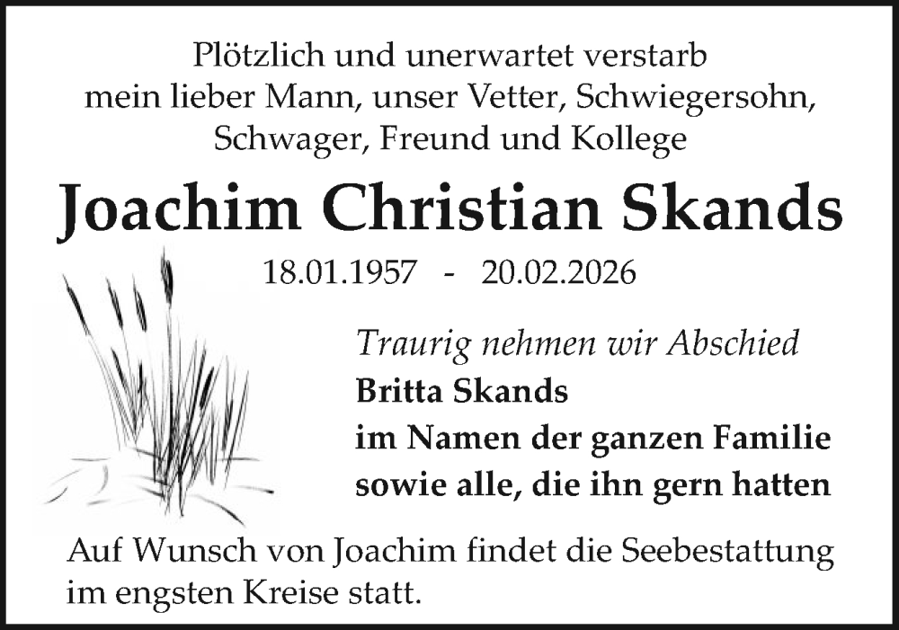  Traueranzeige für Joachim Christian Skands vom 27.02.2026 aus Sylter Rundschau