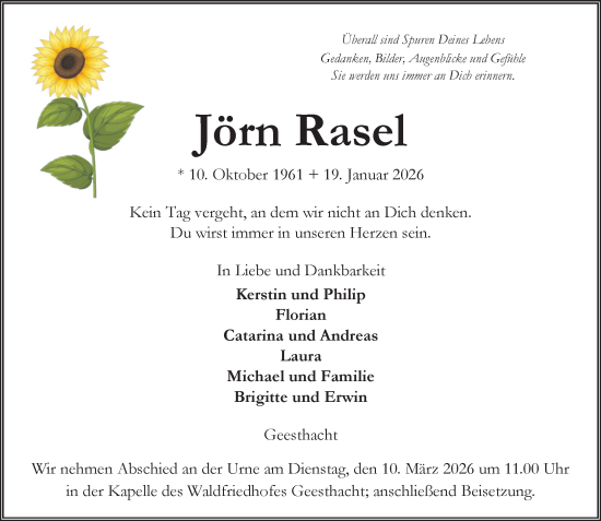 Traueranzeige von Jörn Rasel von Wochenend Anzeiger