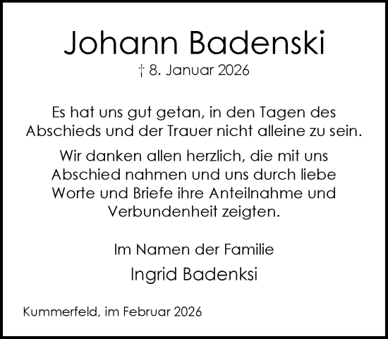 Traueranzeige von Johann Badenski von Region Pinneberg und tip Pinneberg