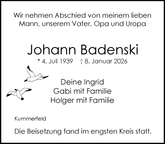 Traueranzeige von Johann Badenski von Region Pinneberg und tip Pinneberg