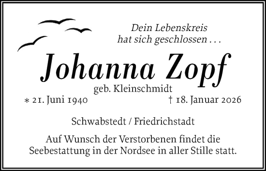 Traueranzeige von Johanna Zopf von Husumer Nachrichten, Nordfriesland Tageblatt