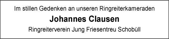 Traueranzeige von Johannes Clausen von Husumer Nachrichten, Nordfriesland Tageblatt