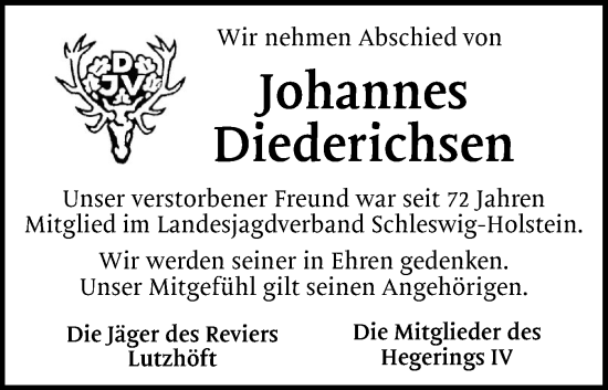 Traueranzeige von Johannes Diederichsen von Flensburger Tageblatt