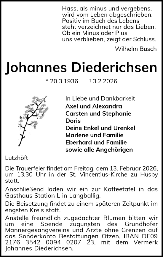 Traueranzeige von Johannes Diederichsen von Flensburger Tageblatt