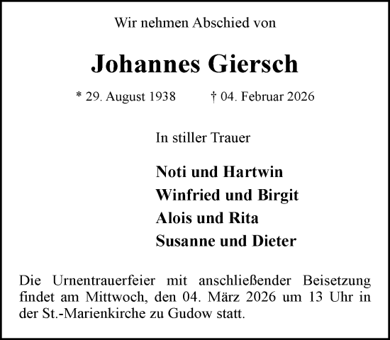 Traueranzeige von Johannes Giersch von MARKT Ratzeburg/Mölln