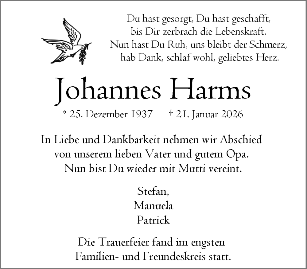  Traueranzeige für Johannes Harms vom 07.02.2026 aus Norddeutsche Rundschau, Wilstersche Zeitung, Glückstädter Fortuna