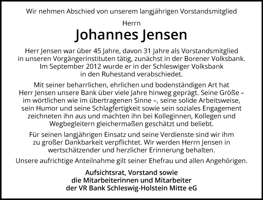  Traueranzeige für Johannes Jensen vom 14.02.2026 aus Schleswiger Nachrichten, Schlei-Bote