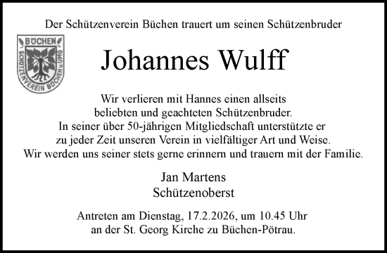 Traueranzeige von Johannes Wulff von Wochenend Anzeiger