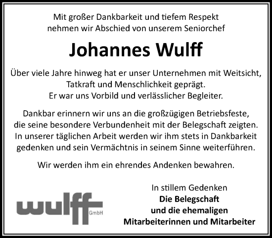 Traueranzeige von Johannes Wulff von Wochenend Anzeiger
