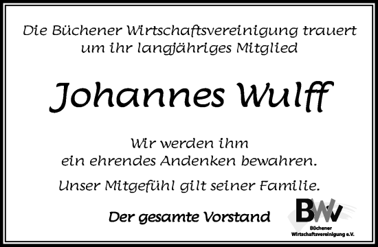 Traueranzeige von Johannes Wulff von Wochenend Anzeiger