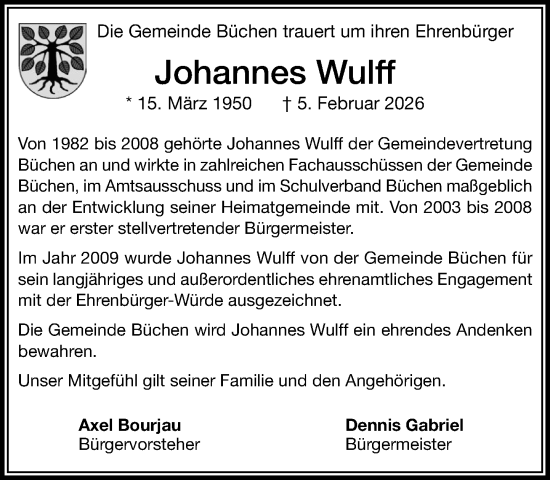 Traueranzeige von Johannes Wulff von Wochenend Anzeiger