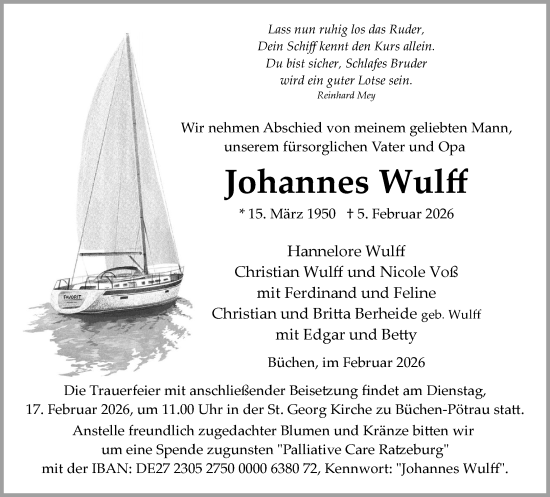 Traueranzeige von Johannes Wulff von Wochenend Anzeiger