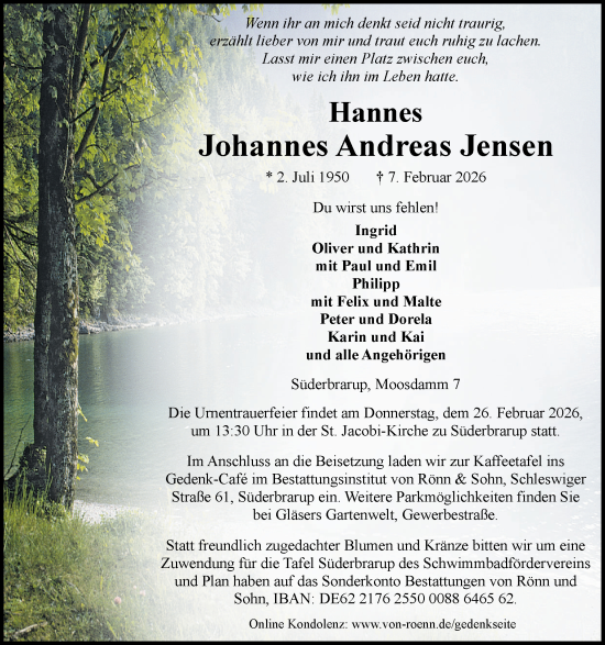 Traueranzeige von Johannes Andreas Jensen von Schleswiger Nachrichten, Schlei-Bote