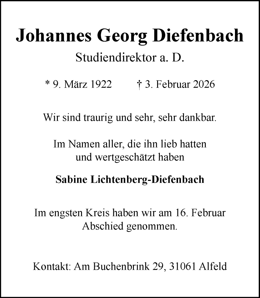  Traueranzeige für Johannes Georg Diefenbach vom 21.02.2026 aus MARKT Ahrensburg/Bargteheide/Trittau und Stormarner Tageblatt