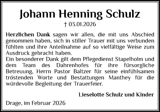 Traueranzeige von Johann Henning Schulz von Husumer Nachrichten, Nordfriesland Tageblatt