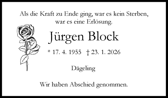 Traueranzeige von Jürgen Block von Norddeutsche Rundschau, Wilstersche Zeitung, Glückstädter Fortuna