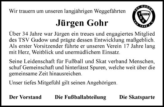 Traueranzeige von Jürgen Gohr von MARKT Ratzeburg/Mölln