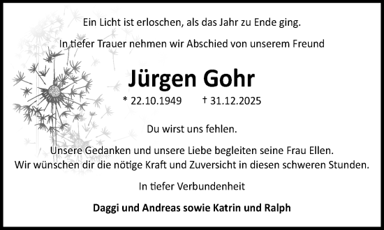 Traueranzeige von Jürgen Gohr von MARKT Ratzeburg/Mölln