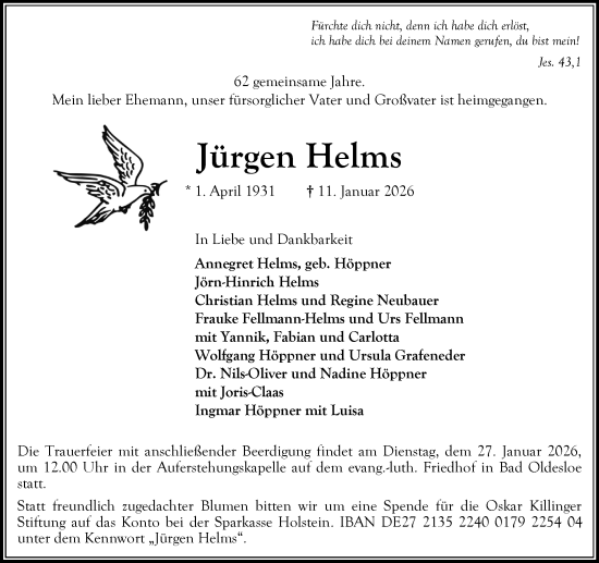 Traueranzeige von Jürgen Helms von MARKT Bad Oldesloe/Reinfeld und Stormarner Tageblatt