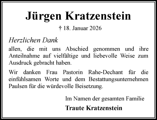 Traueranzeige von Jürgen Kratzenstein von MARKT Bad Oldesloe/Reinfeld und Stormarner Tageblatt