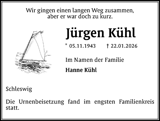 Traueranzeige von Jürgen Kühl von Schleswiger Nachrichten, Schlei-Bote