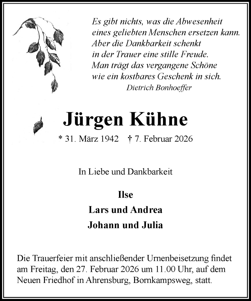  Traueranzeige für Jürgen Kühne vom 21.02.2026 aus MARKT Ahrensburg/Bargteheide/Trittau und Stormarner Tageblatt