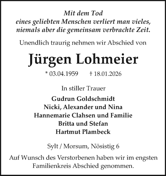 Traueranzeige von Jürgen Lohmeier von Sylter Rundschau