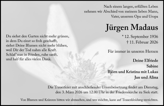 Traueranzeige von Jürgen Madaus von MARKT Ahrensburg/Bargteheide/Trittau und Stormarner Tageblatt