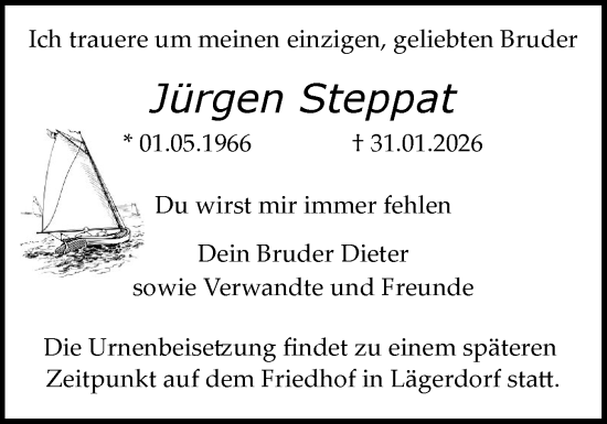 Traueranzeige von Jürgen Steppat von Flensburger Tageblatt