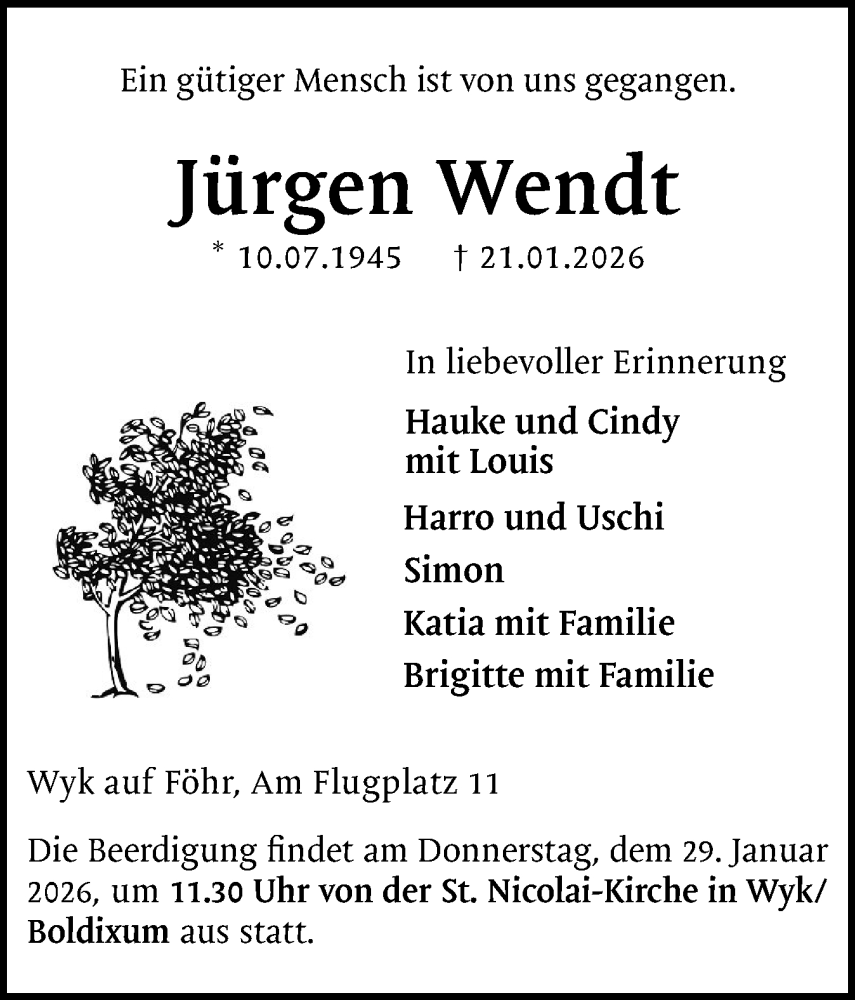  Traueranzeige für Jürgen Wendt vom 24.01.2026 aus Der Insel-Bote