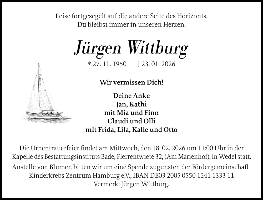  Traueranzeige für Jürgen Wittburg vom 07.02.2026 aus Wedel-Schulauer Tageblatt, tip Wedel-Schulauer Tageblatt, tip Rissener Rundschau