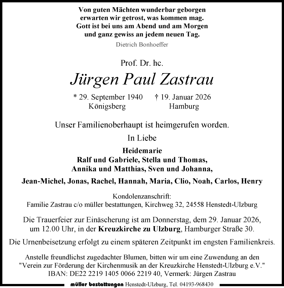  Traueranzeige für Jürgen Paul Zastrau vom 24.01.2026 aus Umschau