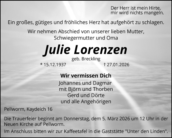 Traueranzeige von Julie Lorenzen von Husumer Nachrichten, Nordfriesland Tageblatt