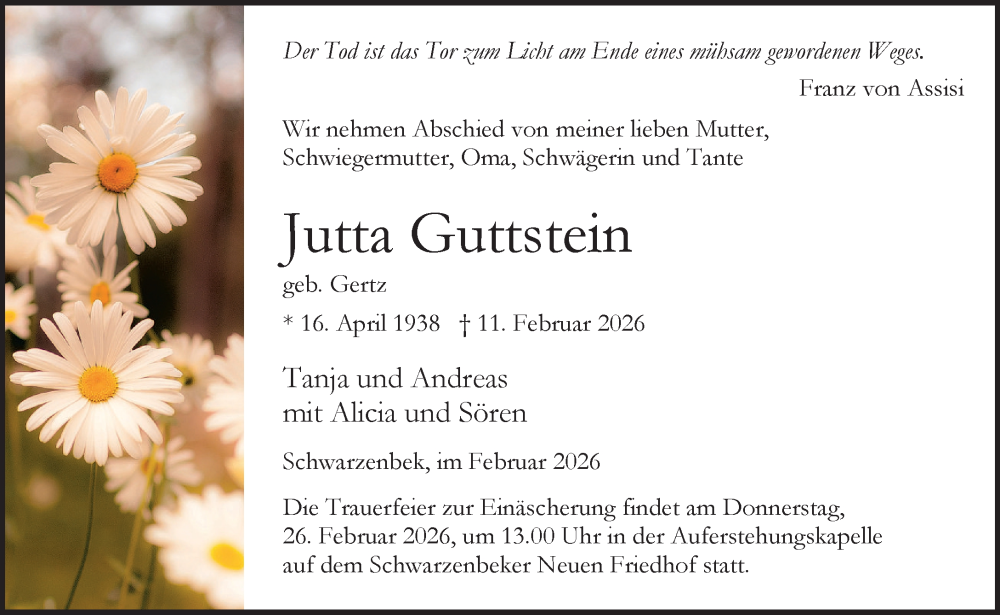  Traueranzeige für Jutta Guttstein vom 21.02.2026 aus Wochenend Anzeiger