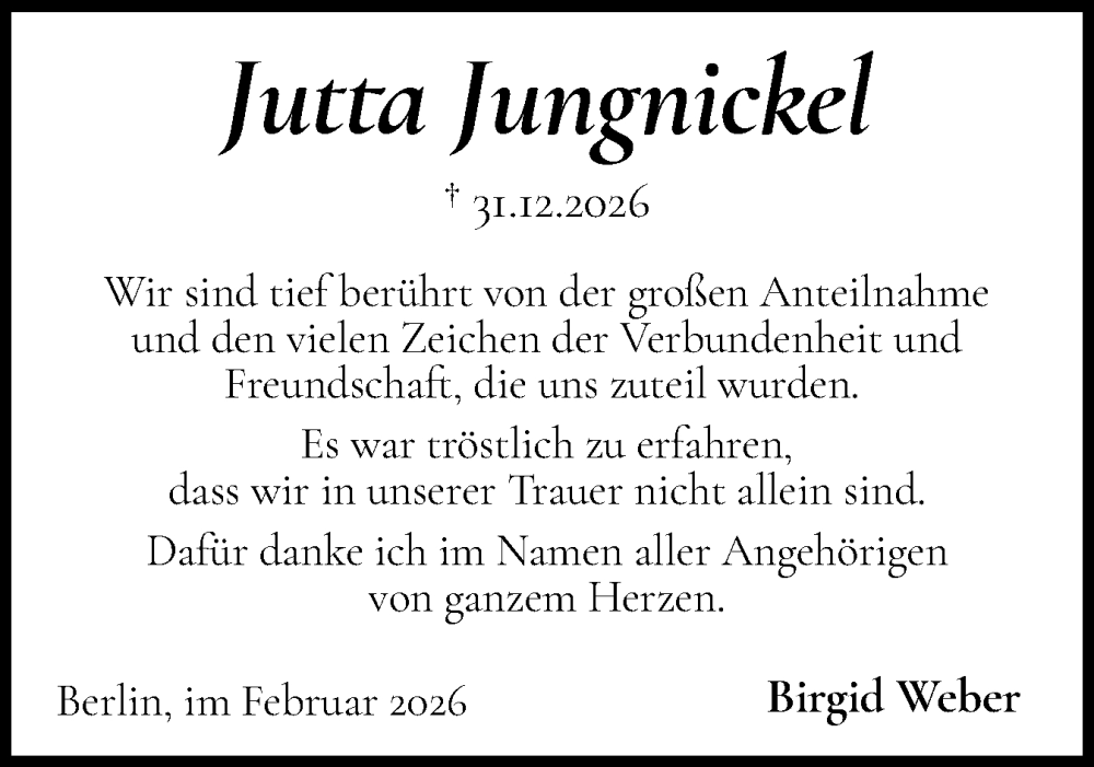  Traueranzeige für Jutta Jungnickel vom 06.02.2026 aus Husumer Nachrichten, Nordfriesland Tageblatt