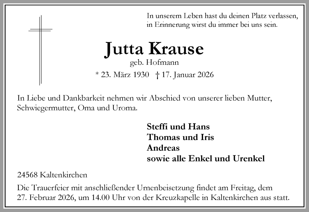  Traueranzeige für Jutta Krause vom 14.02.2026 aus Umschau
