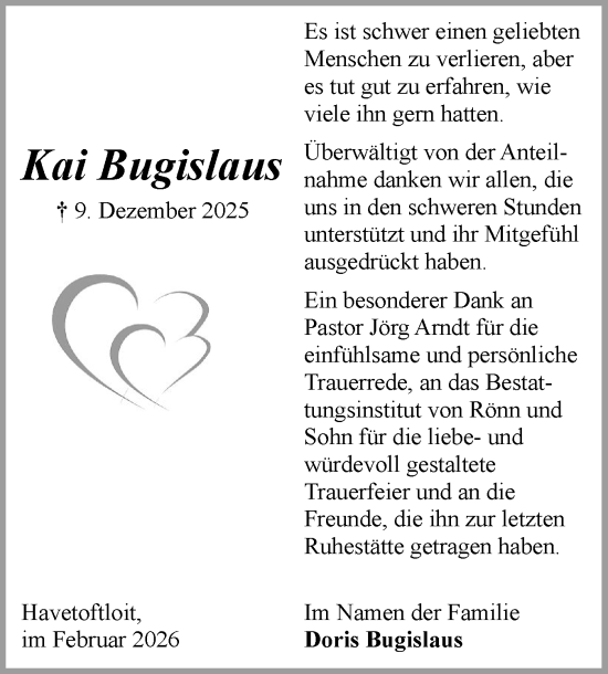 Traueranzeige von Kai Bugislaus von Flensburger Tageblatt, Schleswiger Nachrichten, Schlei-Bote