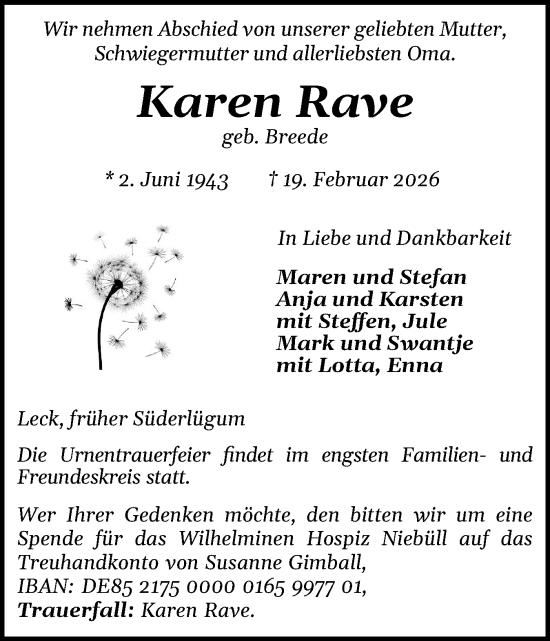 Traueranzeige von Karen Rave von Husumer Nachrichten, Nordfriesland Tageblatt