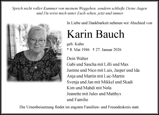 Traueranzeige von Karin Bauch von MARKT Bad Oldesloe/Reinfeld und Stormarner Tageblatt