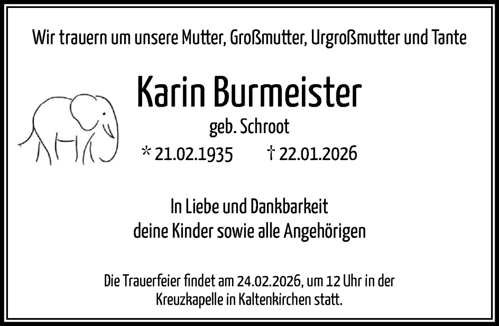  Traueranzeige für Karin Burmeister vom 21.02.2026 aus Umschau