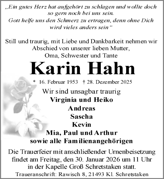 Traueranzeige von Karin Hahn von MARKT Ratzeburg/Mölln
